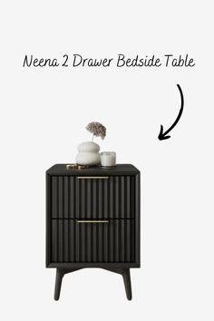 a black night stand with two white vases on it and the words nena 2 draw