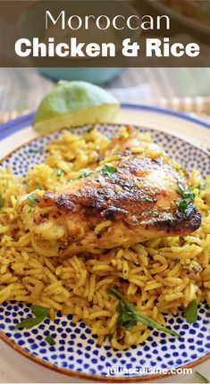 moroccan chicken and rice on a blue and white plate with text overlay that reads moroccan chicken and rice