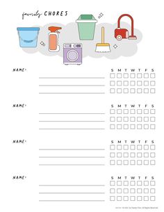 a printable worksheet with the words family chores on it and various household items