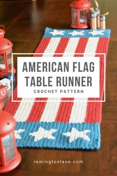 an american flag table runner with red, white and blue crochet on it