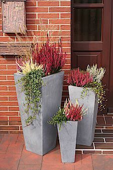 three tall cement planters with plants in them