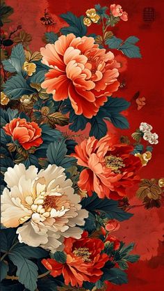 a painting of flowers on a red background