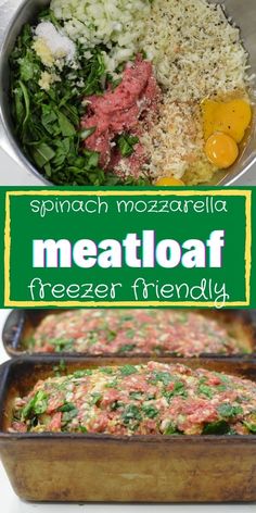 meatloaf with spinach mozzarella and other ingredients in baking pans