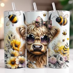 Bee, Bee's, Highland Cow, Glasses, bow, flowers, pollen Cow Svg, Cow Tumbler, Sublimation Tumbler, Reusable Straw, Tumbler With Straw, 20oz Tumbler, Highland Cow, Tumbler Sublimation, Spring Floral