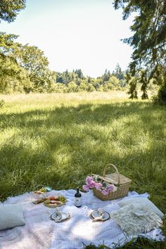 a picnic blanket with food and drinks on it in the middle of a grassy field