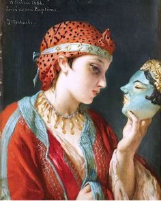 a painting of a woman holding a mask in her hand and looking at the face