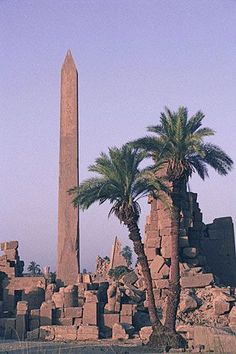 a tall obelisk in the middle of a desert with palm trees next to it