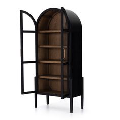 an open bookcase with shelves and doors on each side, in black finish to the front