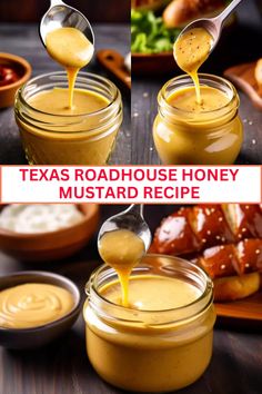 there is a spoon full of honey mustard being drizzled over the jar