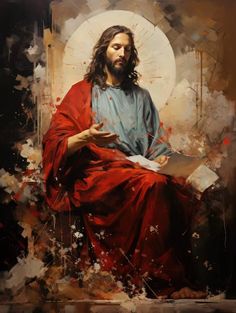 a painting of jesus sitting on the ground