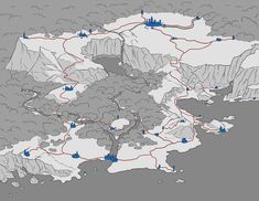 a map of the area that is on top of a mountain with blue arrows pointing to different locations