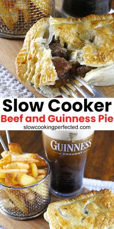 a beef and guinness pie on a wooden table