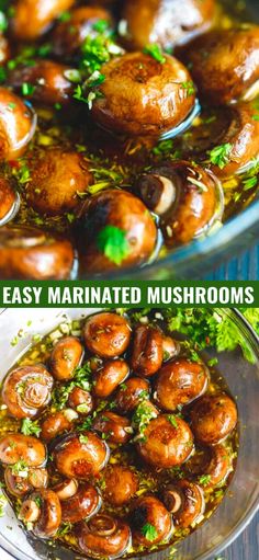 two pictures side by side showing different types of mushrooms in the same pan, and then being cooked