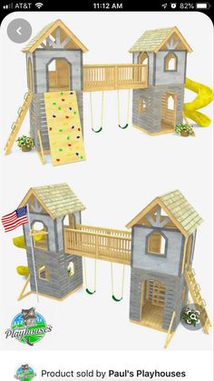 three different views of a wooden play set with slide and climbing wall, including a tree house