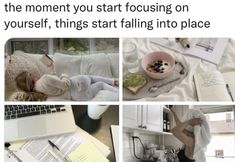 a woman laying on top of a bed next to a laptop computer and eating food