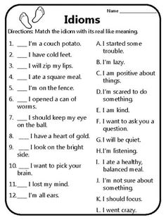 an english worksheet with the words idioms in black and white ink