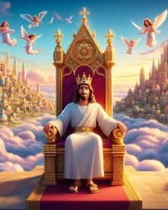 jesus sitting on a throne in front of a castle with angels flying over it and the city behind him