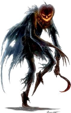 an evil looking monster with long legs and large claws, holding a glowing pumpkin in its mouth