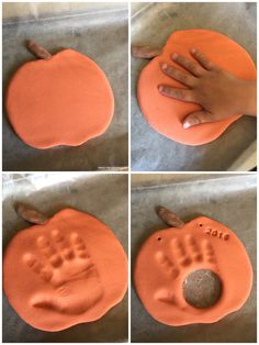 four pictures show the process of making an apple shaped cookie with handprints on it