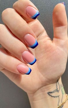 French Tip Nails With Two Colors, French Two Color Nails, French Nails Acrylic Color, White Nails With Colored French Tip, French Blue Nails Design, Biab Nail Design Blue, May Colors Nails, French Nails With Blue Tips, French Tip Nails With Different Colors