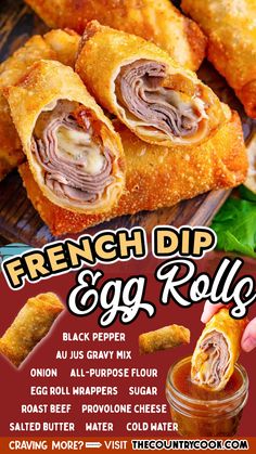 an advertisement for french dip egg rolls