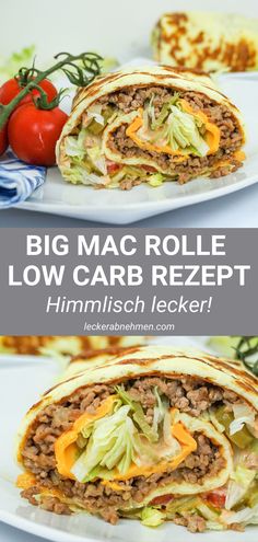 two plates with sandwiches on them and the words, big mac role low carb rezept