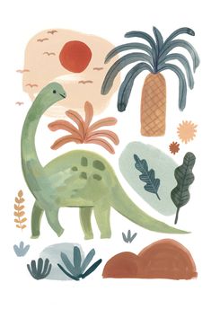 an illustration of a dinosaur with plants and pineapples