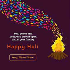 happy holi with fire and colorful leaves on purple background for greeting card or poster