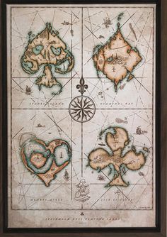 an old map with four different shapes and colors on the bottom, in brown wood frame