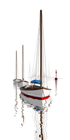 three sailboats floating in the water on a white background