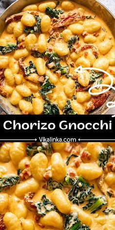 two pictures showing different types of pasta and spinach in a skillet with the words chorizo gnocchini on it