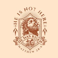 the jesus face is shown in this hand drawn logo for he has risen, with an arrow