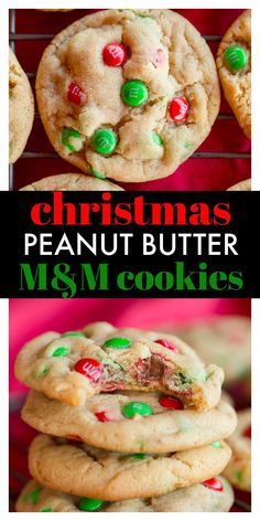 christmas peanut butter m & m cookies on a cooling rack with the title overlay