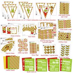 the christmas party printables are displayed in green, red and yellow colors with white stripes