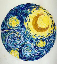 a drawing of the starry night with a half moon in the center and stars on it