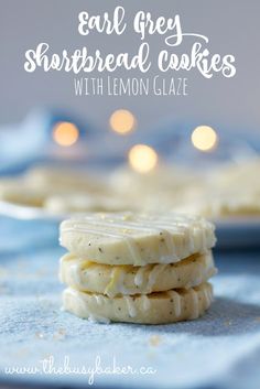 three shortbread cookies stacked on top of each other with the words, easy grey shortbread cookies with lemon glaze