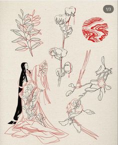 an image of a woman with flowers in her hand and other drawings on the wall