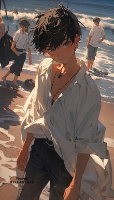 an anime character is standing on the beach with other people in the water behind him