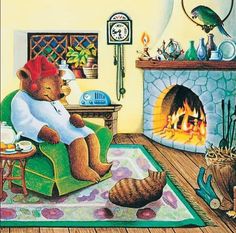 a teddy bear sitting in a chair next to a fire place