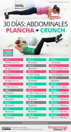 a woman doing planks with the text 30 days abominales plancha + crunch