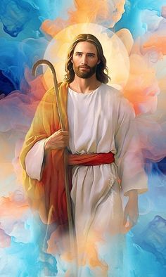 a painting of jesus holding a staff