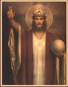 jesus holding his hands up in front of the cross and two orbs behind him