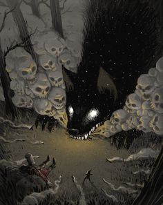 a black cat with glowing eyes in the middle of a forest filled with skulls and bones