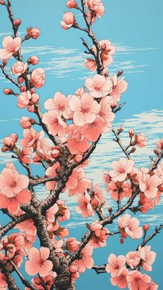 a painting of pink flowers on a tree with blue sky in the backround