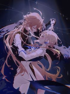 two anime characters hugging each other in the dark blue water, with stars above them