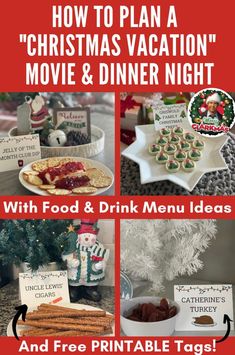 christmas vacation movie and dinner menu with free printable tags for the food and drink menu