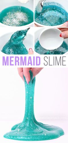 the process to make mermaid slime is shown in three different pictures, including one being pouring