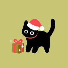 a black cat wearing a santa claus hat next to a present on a green background