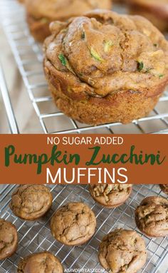 no sugar added pumpkin zucchini muffins are cooling on a wire rack