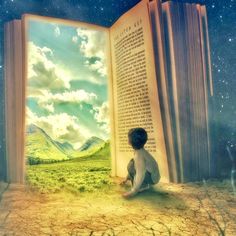 a boy sitting on the ground in front of an open book with mountains and clouds